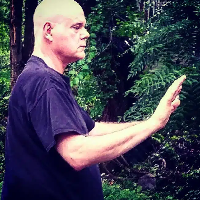 man practicing tai chi in the forest
