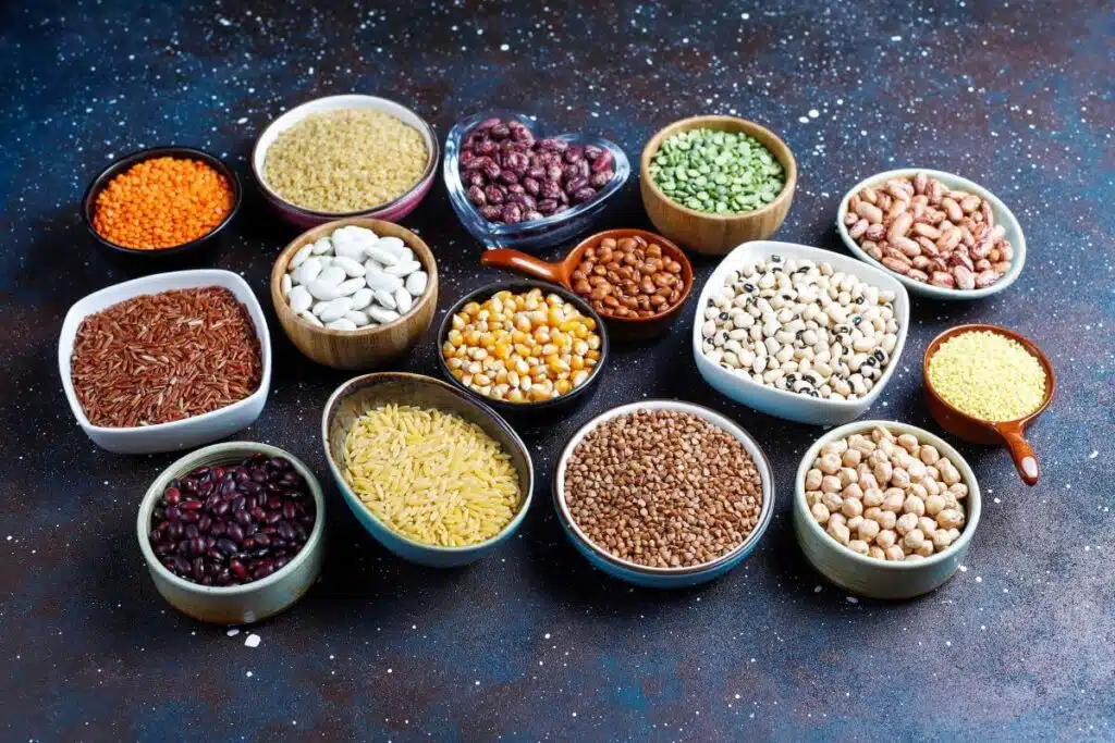 bowls of assorted high lectin foods including beans and grains