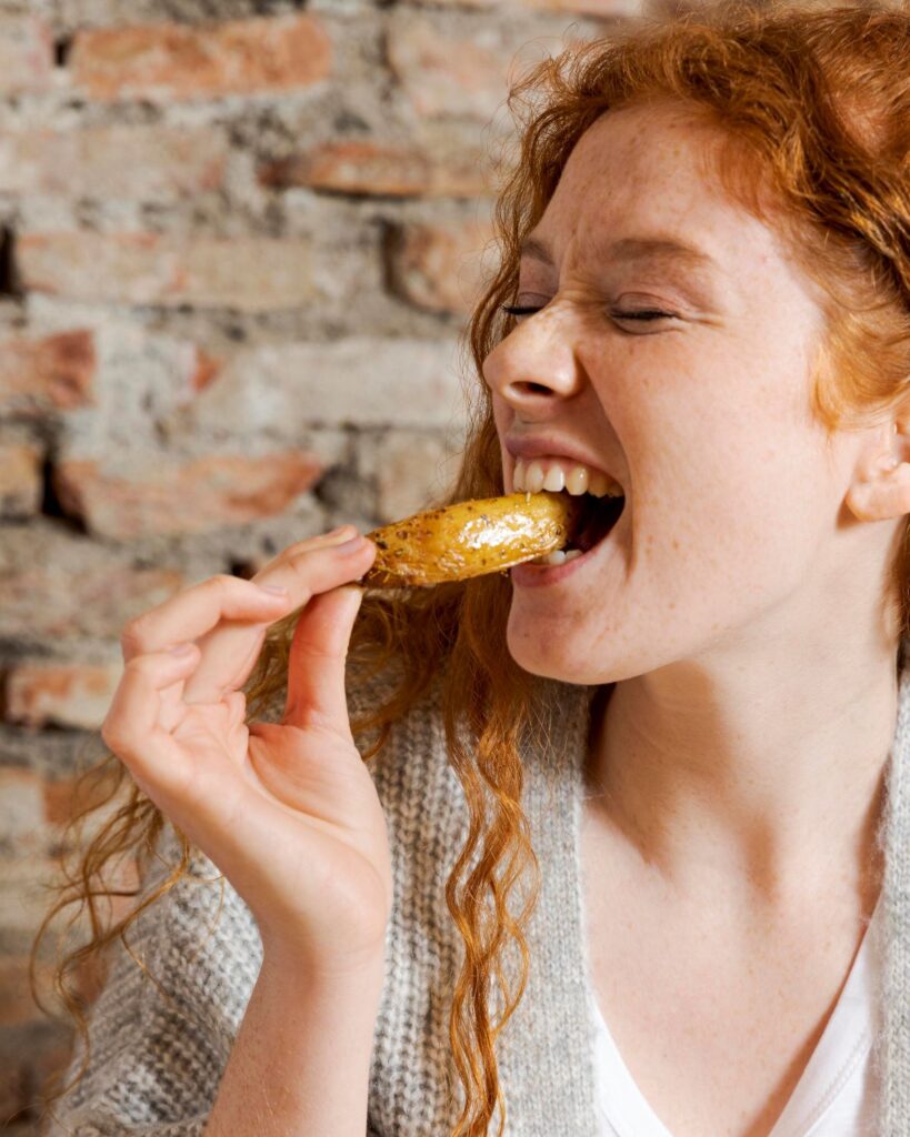 happy woman eating