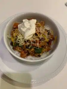 turkey chili over white rice with cheese and sour cream