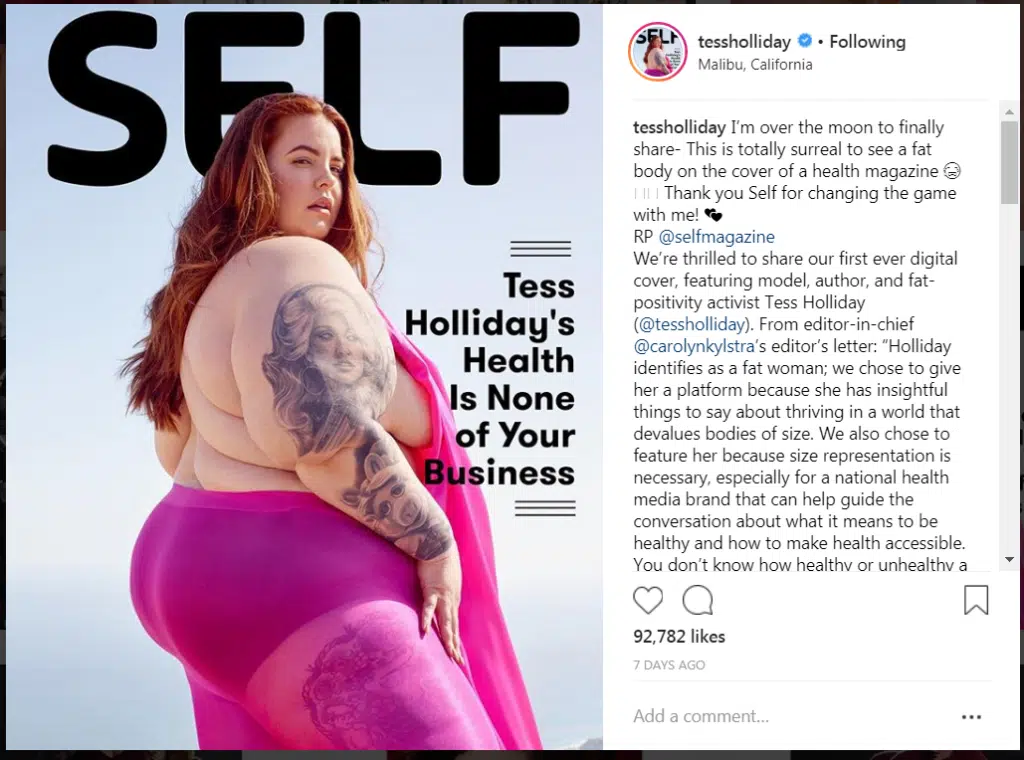 instagram post from tess holiday with her photo on the cover of self magazine with the headline tess holiday's health is none of your business