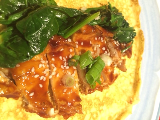 scallion pancakes with hoisin chicken and greens