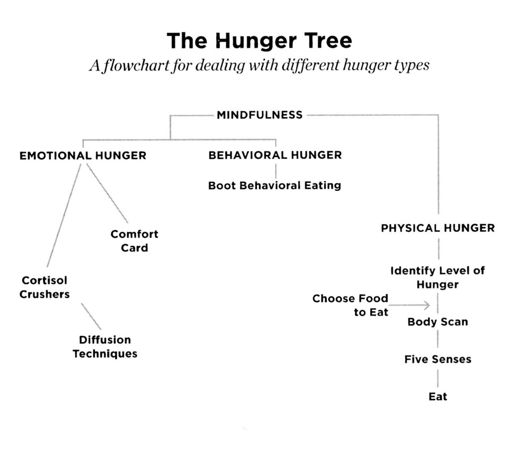 the hunger tree, a flowchart for dealing with different hunger types. Mindfullness - emotional hunger-cortisol crushers - diffusion techniques. emotional hunger - comfort card. mindfulness - behavioral hunger - boot behavioral eating. mindfulness - physical hunger - identify level of hunger - choose food to eat - body scan -five senses - eat