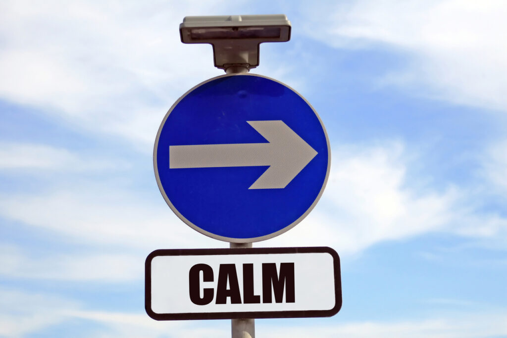 Blue sign with arrow pointing right, with a sign below that says "calm"