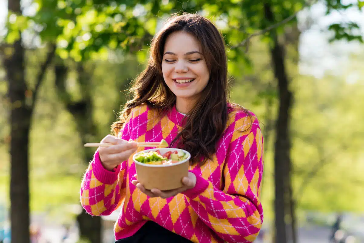 woman eating gluten free lunch