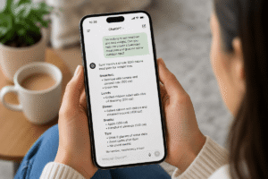 Person using ChatGPT on a smartphone for diet advice, highlighting why AI nutrition guidance cannot replace a Registered Dietitian.